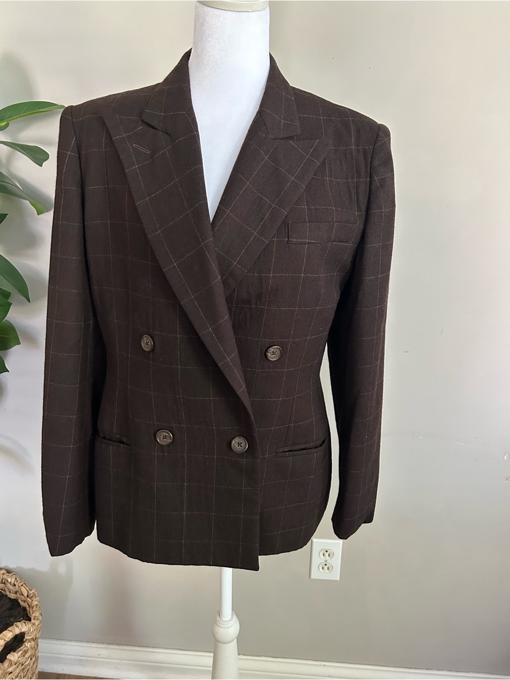 Vintage Ralph Lauren 100% Wool Windowpane Double Breasted Blazer Brown Size 8